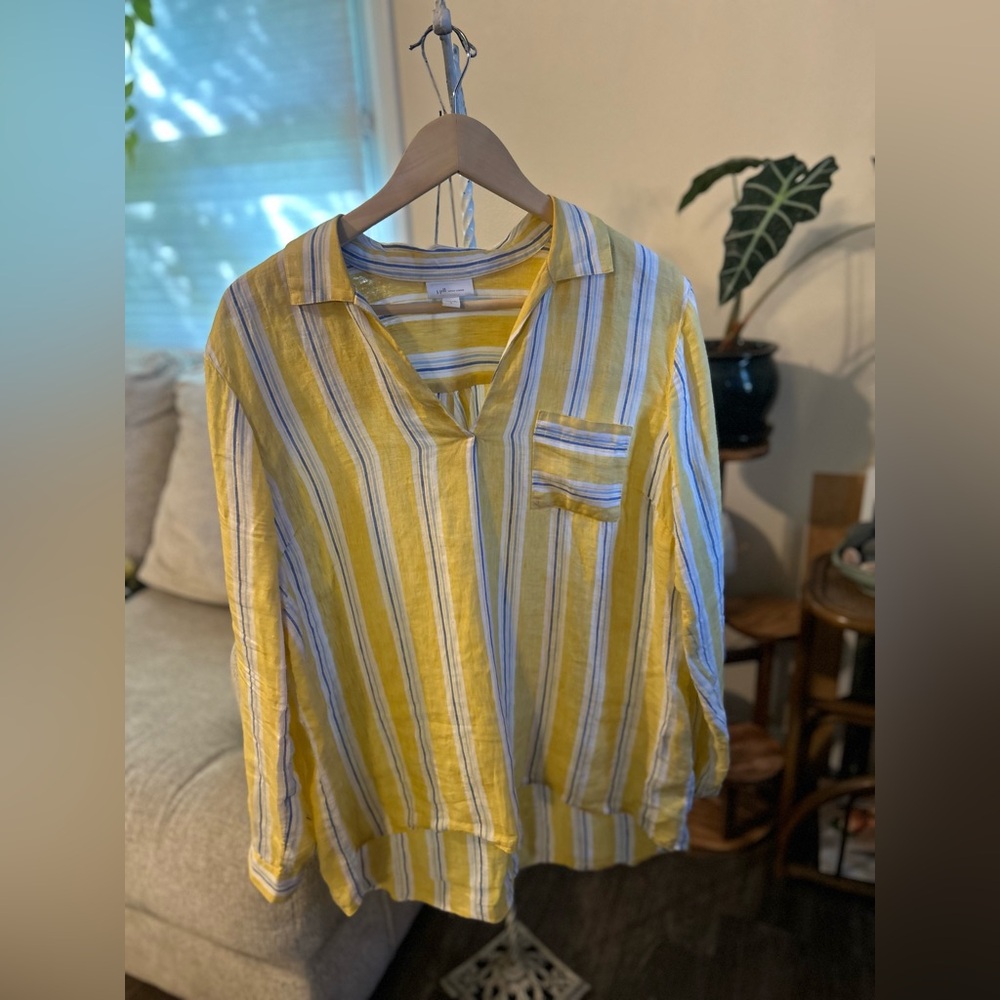 J. Jill Love Linen Large Yellow and Blue Striped Linen Fabric tunic Lagenlook
